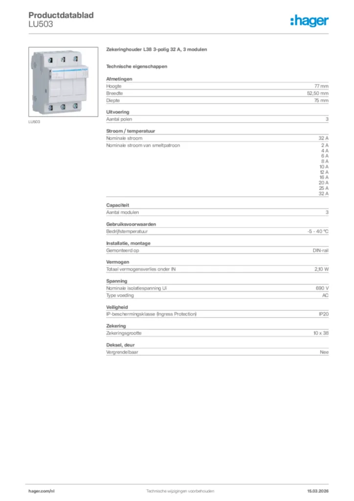 Afbeelding Hager Productdatablad LU503 | Hager Nederland