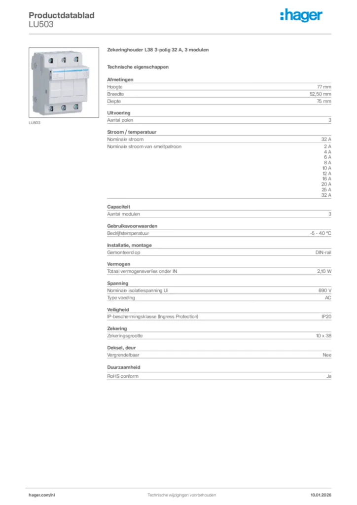 Afbeelding Hager Productdatablad LU503 | Hager Nederland