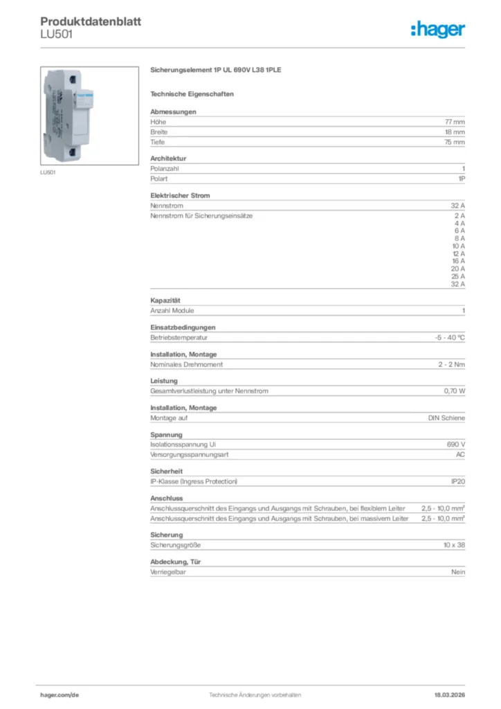 Bild Hager Produktdatenblatt LU501 | Hager Deutschland
