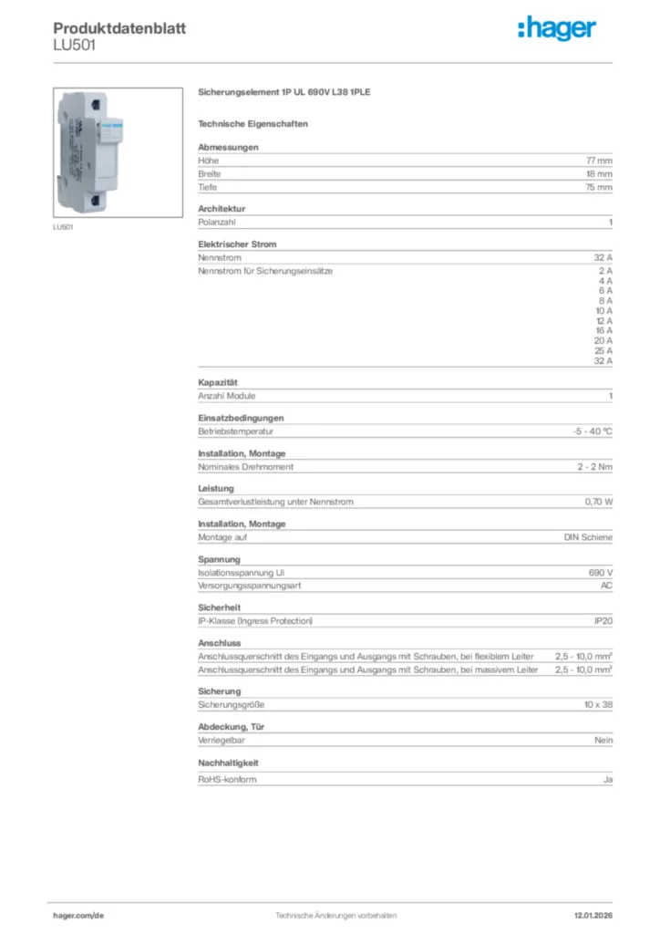 Bild Hager Produktdatenblatt LU501 | Hager Deutschland