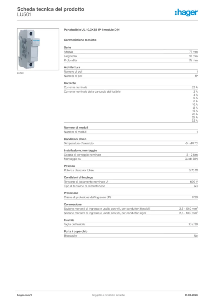 Immagine Hager Scheda tecnica del prodotto LU501 | Hager Italia