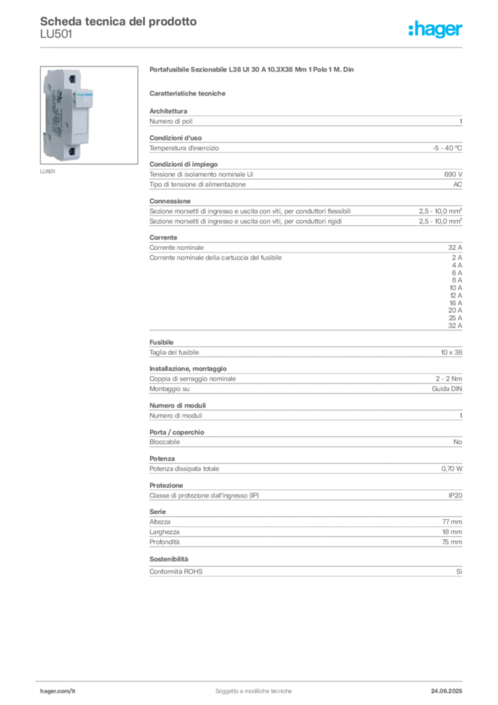 Immagine Hager Scheda tecnica del prodotto LU501 | Hager Italia