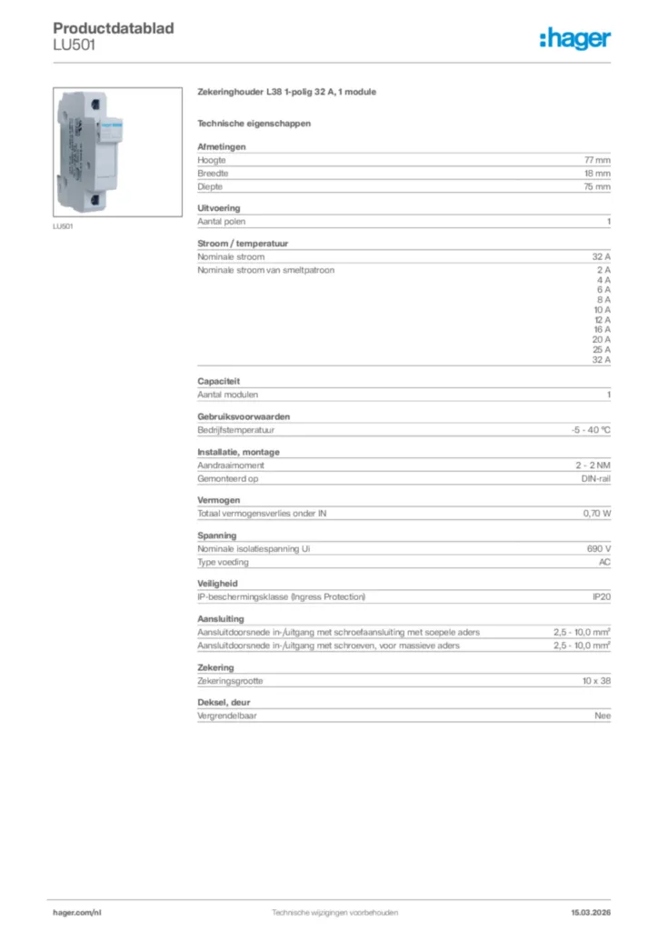 Afbeelding Hager Productdatablad LU501 | Hager Nederland
