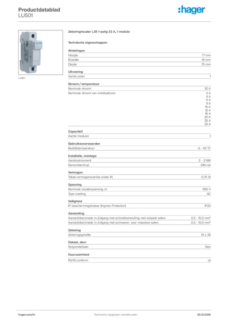 Afbeelding Hager Productdatablad LU501 | Hager Nederland