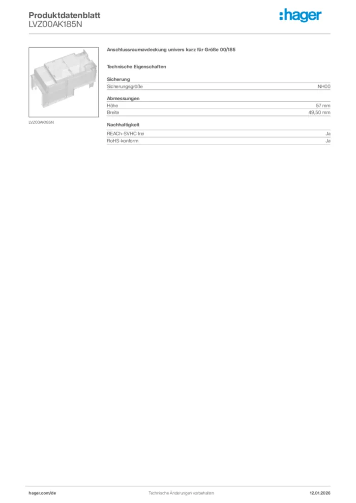 Bild Hager Produktdatenblatt LVZ00AK185N | Hager Deutschland