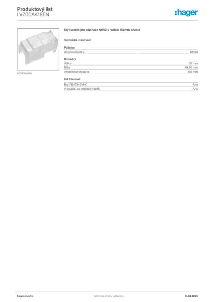Obrázek Hager Product data sheet LVZ00AK185N | Hager