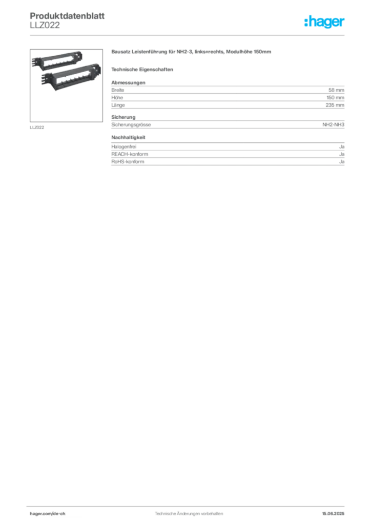 Bild Hager Produktdatenblatt LLZ022 | Hager Schweiz
