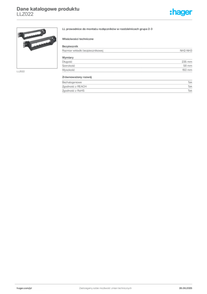Zdjęcie Hager Dane katalogowe produktu LLZ022 | Hager Polska