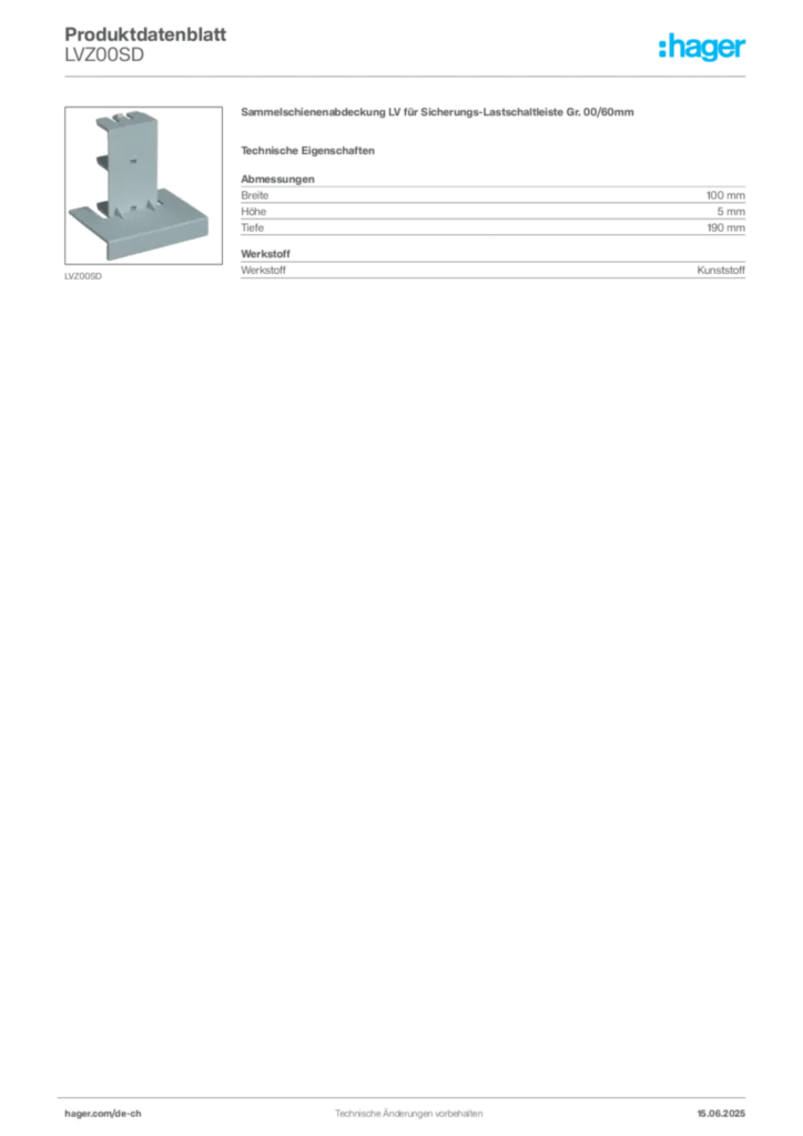 Bild Hager Produktdatenblatt LVZ00SD | Hager Schweiz