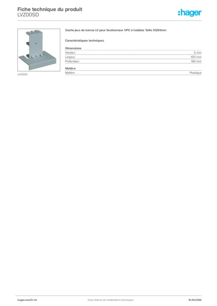 Image Hager Fiche technique du produit LVZ00SD | Hager Suisse