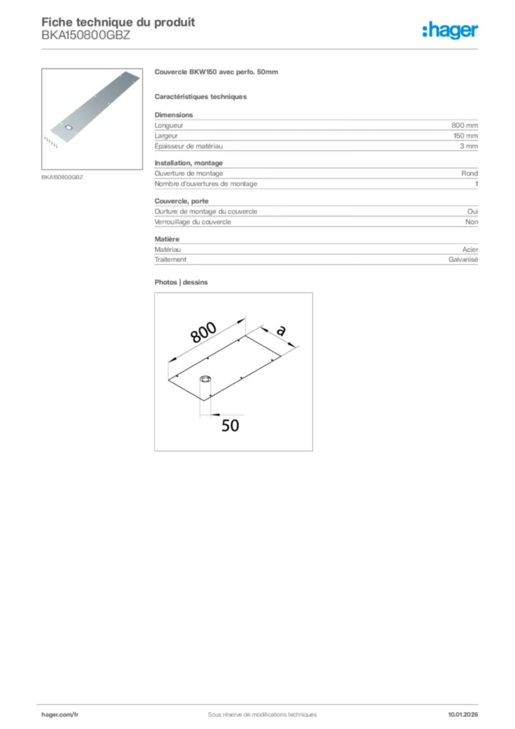 Image Hager Fiche technique du produit BKA150800GBZ | Hager France