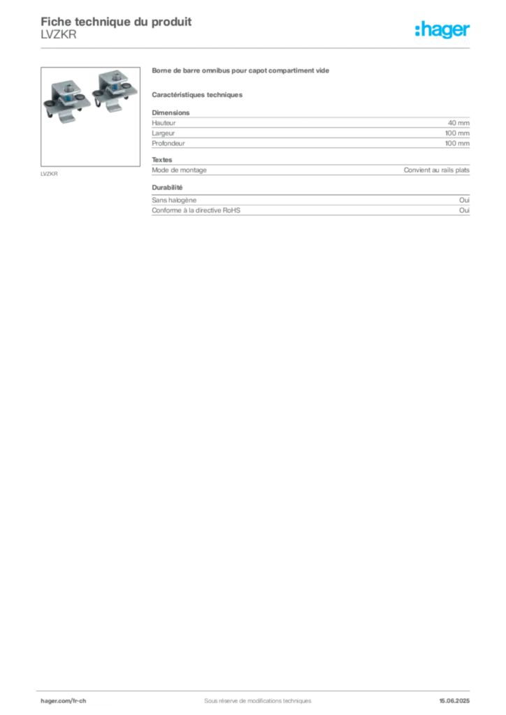 Image Hager Fiche technique du produit LVZKR | Hager Suisse