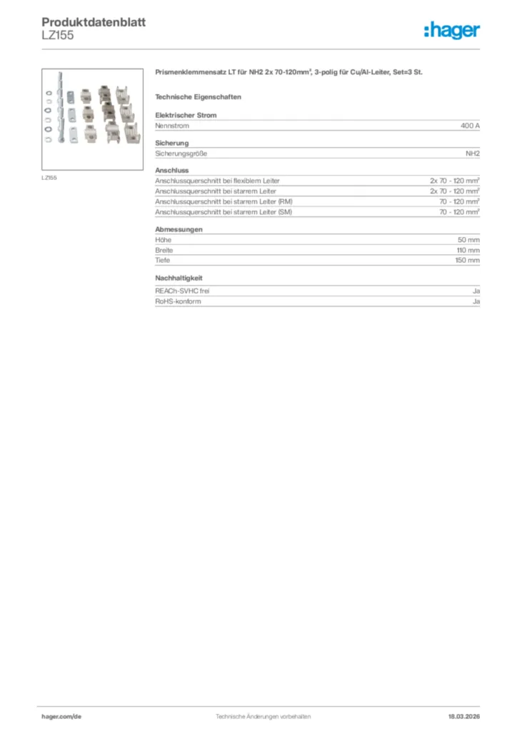 Bild Hager Produktdatenblatt LZ155 | Hager Deutschland