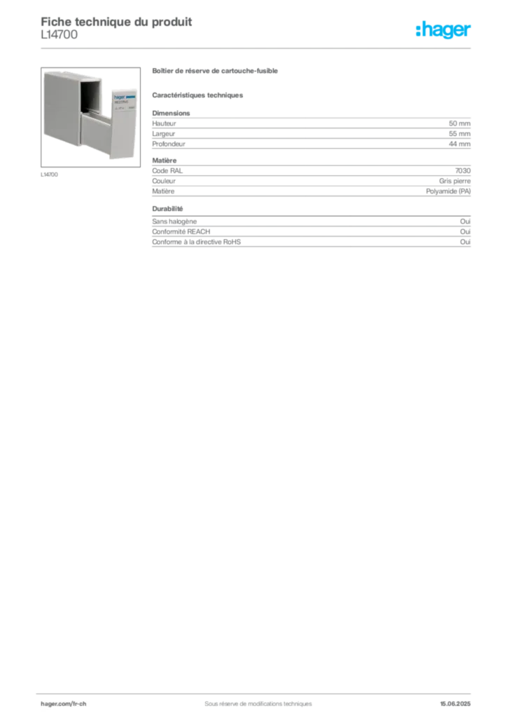 Image Hager Fiche technique du produit L14700 | Hager Suisse