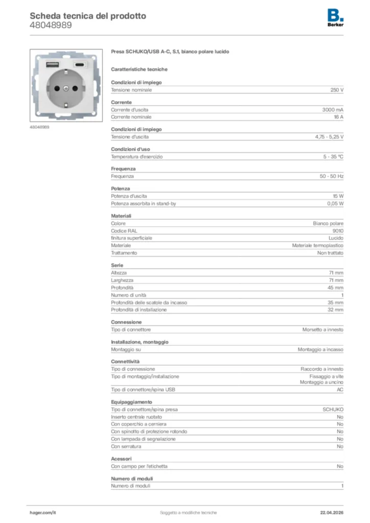 Immagine Berker Scheda tecnica del prodotto 48048989 | Hager Italia