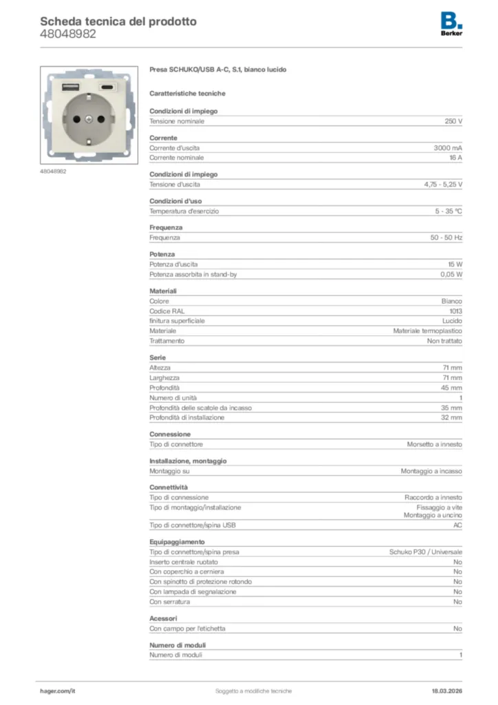 Immagine Berker Scheda tecnica del prodotto 48048982 | Hager Italia