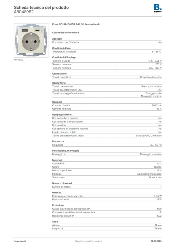 Immagine Berker Scheda tecnica del prodotto 48048982 | Hager Italia