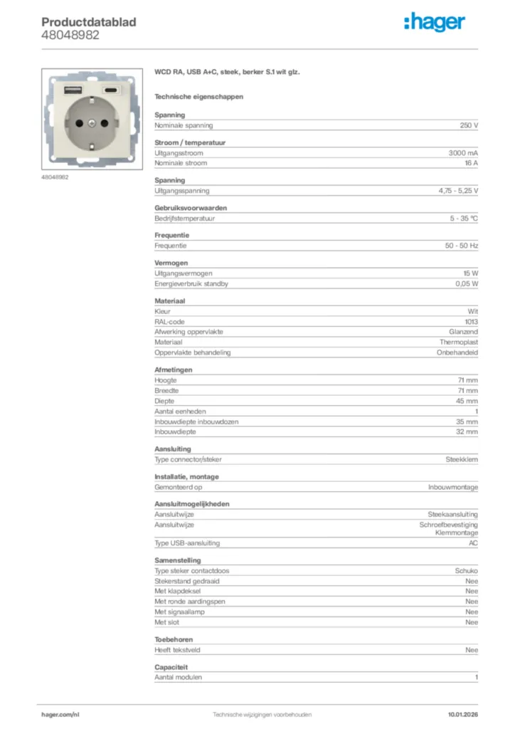 Afbeelding Hager Productdatablad 48048982 | Hager Nederland