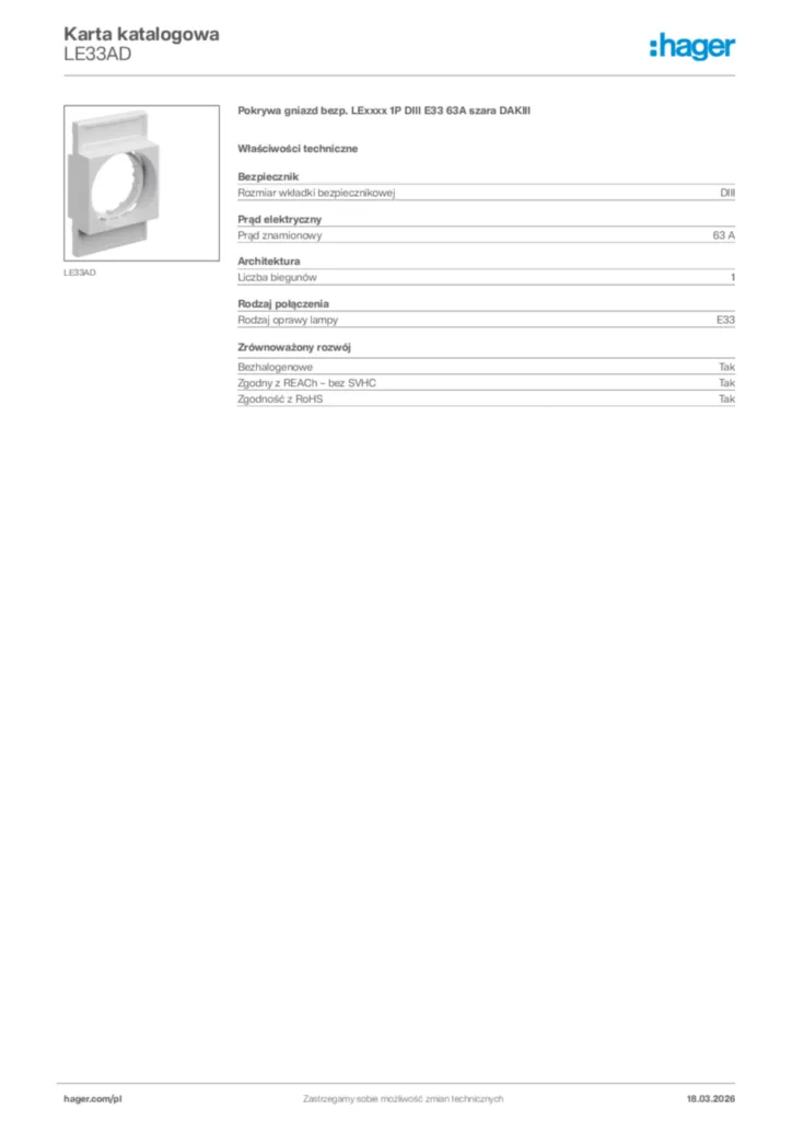 Zdjęcie Hager Karta katalogowa LE33AD | Hager Polska