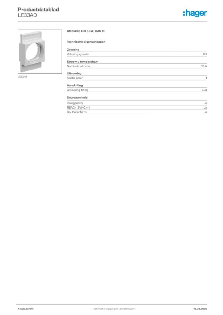 Afbeelding Hager Productdatablad LE33AD | Hager Nederland