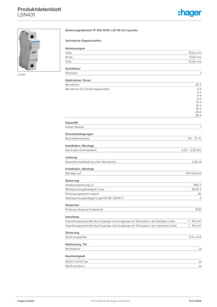 Bild Hager Produktdatenblatt LSN431 | Hager Deutschland