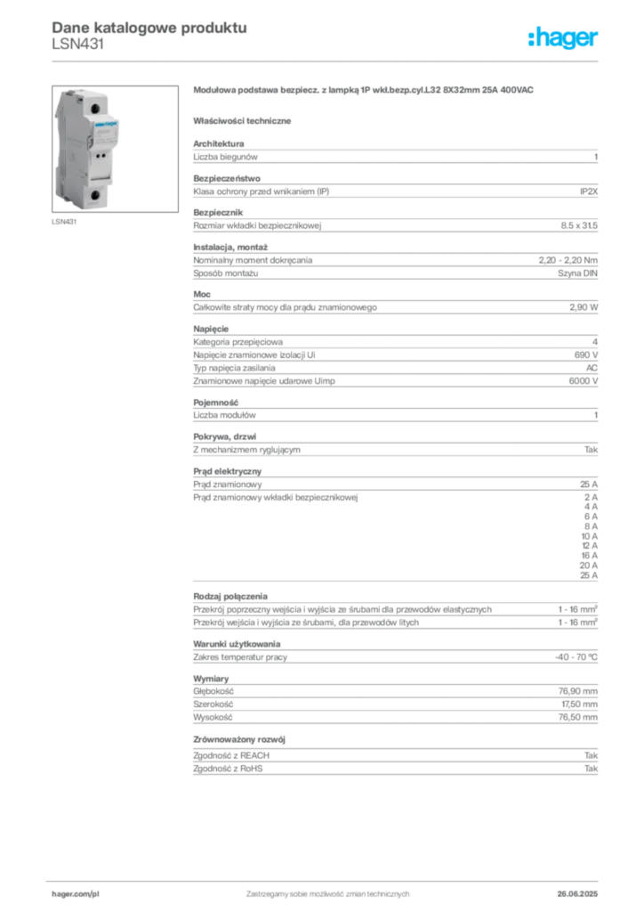 Zdjęcie Hager Dane katalogowe produktu LSN431 | Hager Polska