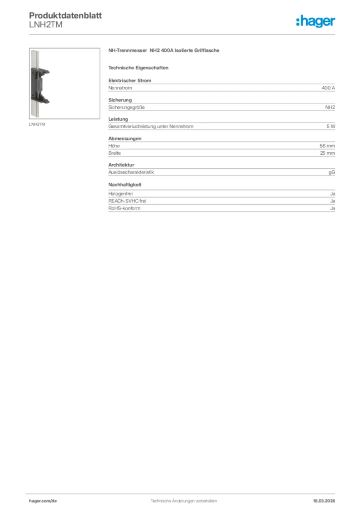 Bild Hager Produktdatenblatt LNH2TM | Hager Deutschland