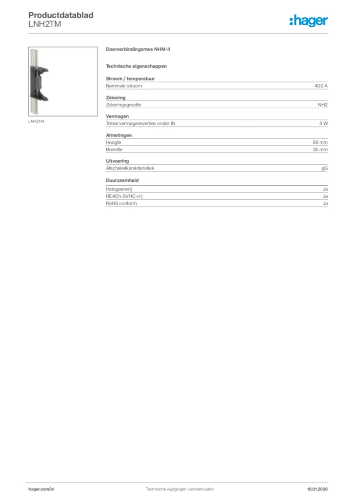Afbeelding Hager Productdatablad LNH2TM | Hager Nederland