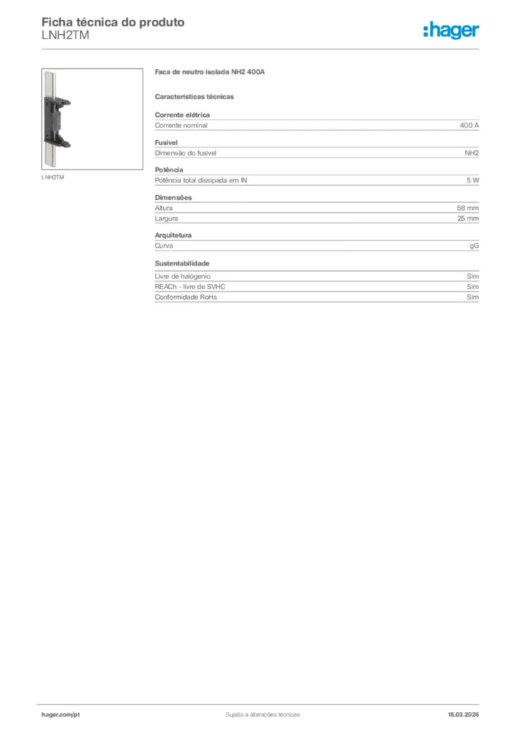 Imagem Hager Ficha técnica do produto LNH2TM | Hager Portugal