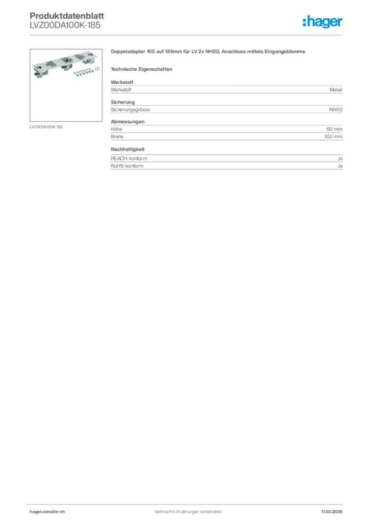 Bild Hager Produktdatenblatt LVZ00DA100K-185 | Hager Schweiz