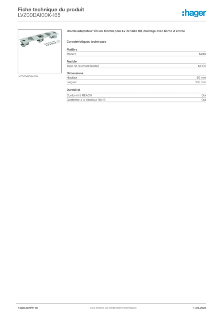 Image Hager Fiche technique du produit LVZ00DA100K-185 | Hager Suisse