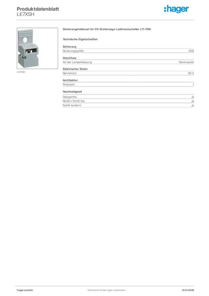 Bild Hager Produktdatenblatt LE7XSH | Hager Deutschland