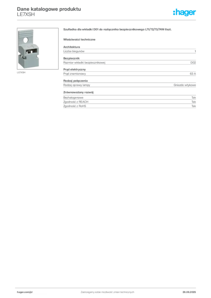 Zdjęcie Hager Dane katalogowe produktu LE7XSH | Hager Polska
