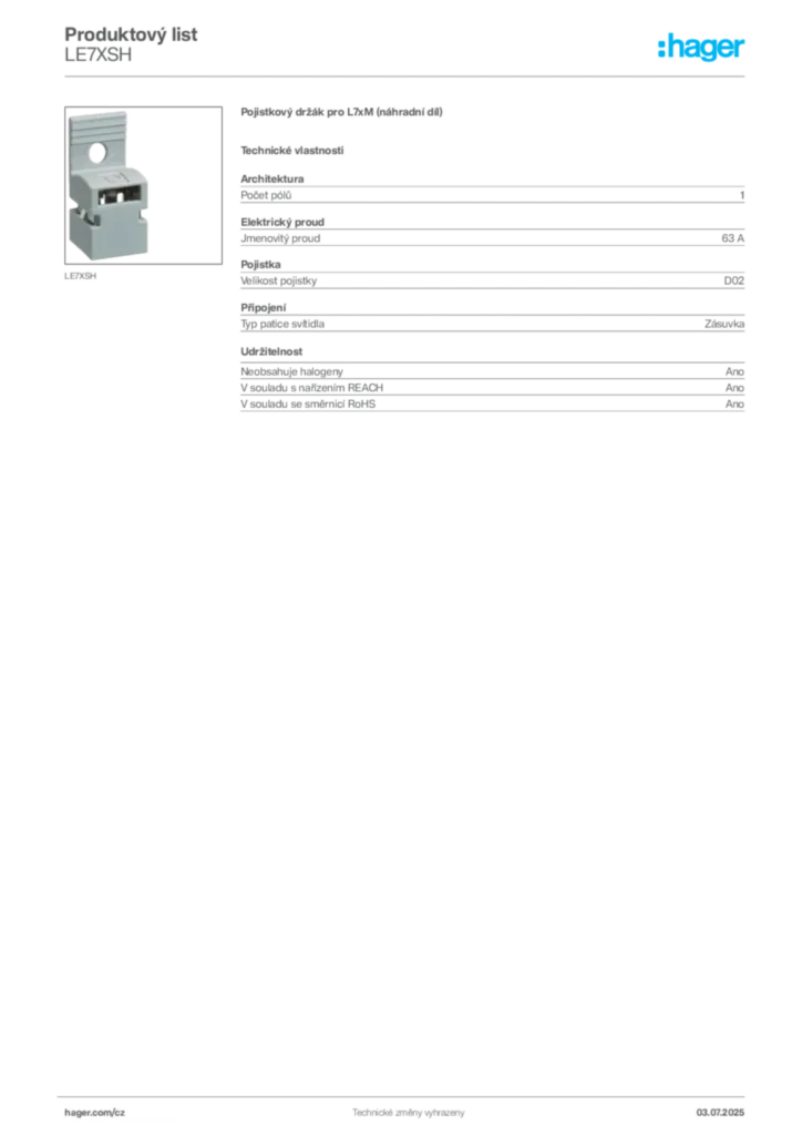 Obrázek Hager Produktový list LE7XSH | Hager