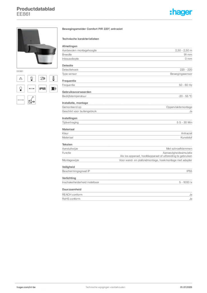 Afbeelding Hager Productdatablad EE861 | Hager Belgium
