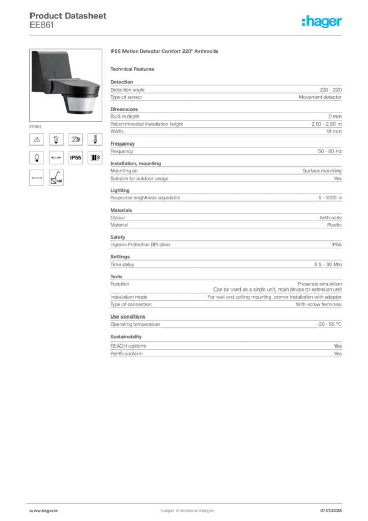 Image Hager Product data sheet EE861  | Hager
