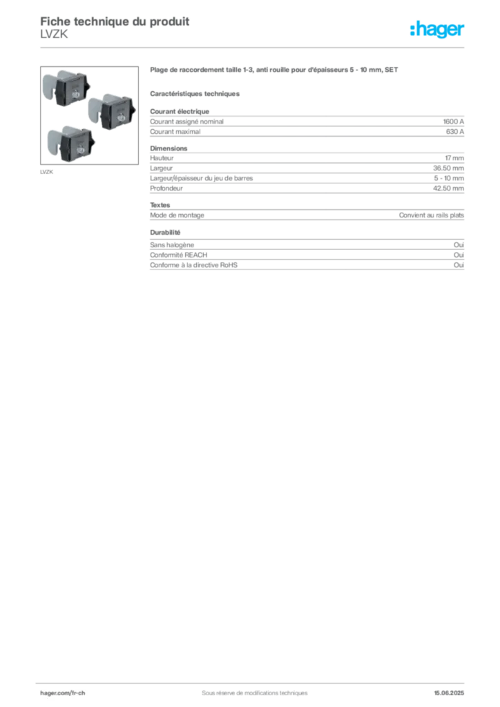 Image Hager Fiche technique du produit LVZK | Hager Suisse