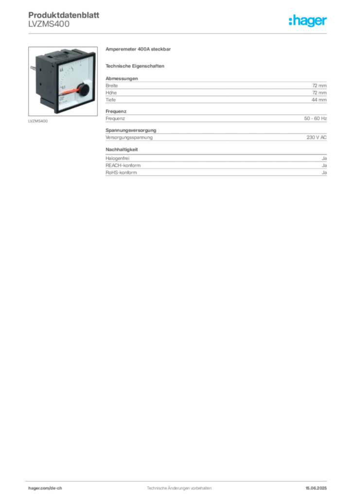 Bild Hager Produktdatenblatt LVZMS400 | Hager Schweiz