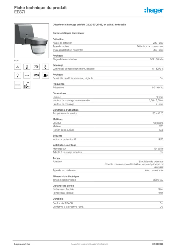 Image Hager Fiche technique du produit EE871 | Hager Belgique