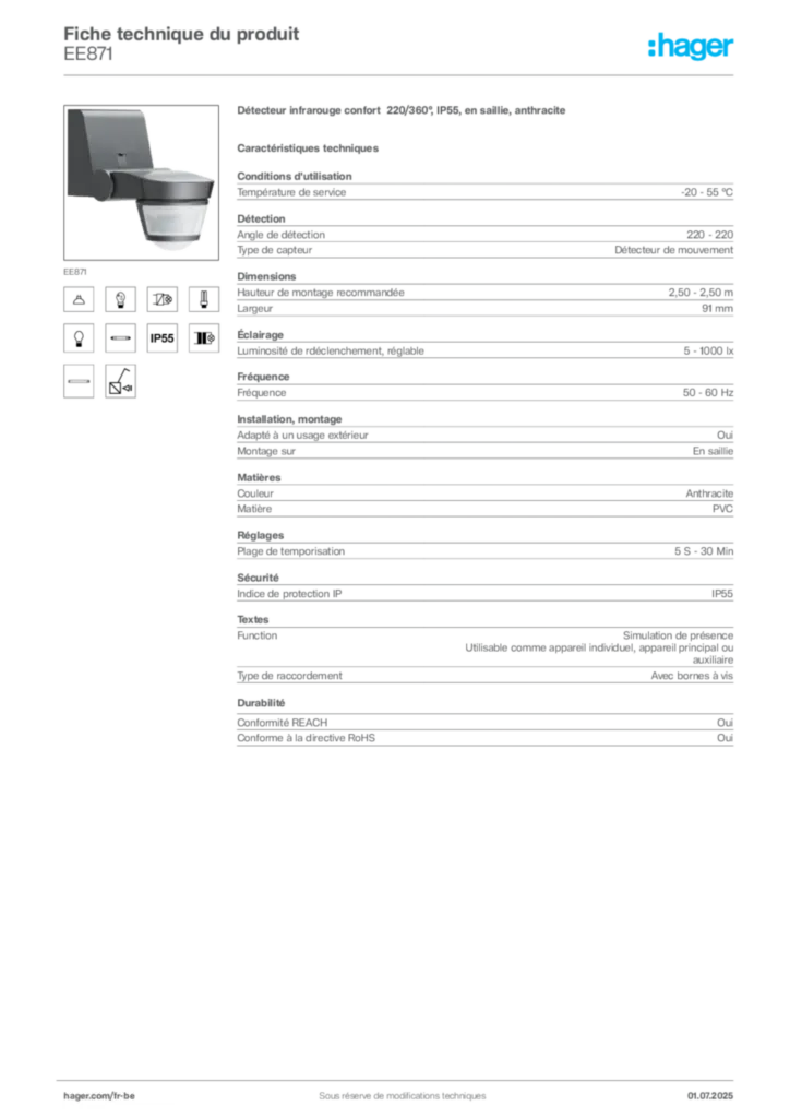 Image Hager Fiche technique du produit EE871 | Hager Belgique
