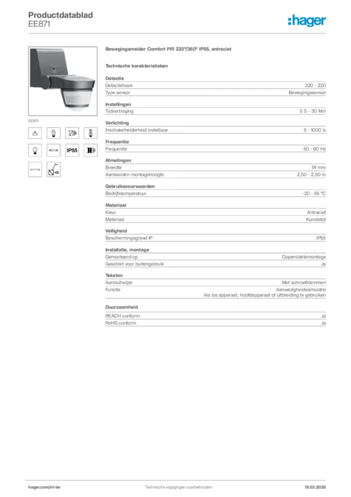 Afbeelding Hager Productdatablad EE871 | Hager Belgium