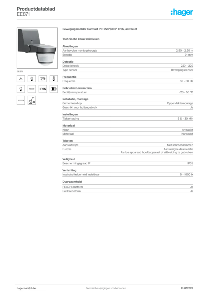 Afbeelding Hager Productdatablad EE871 | Hager Belgium