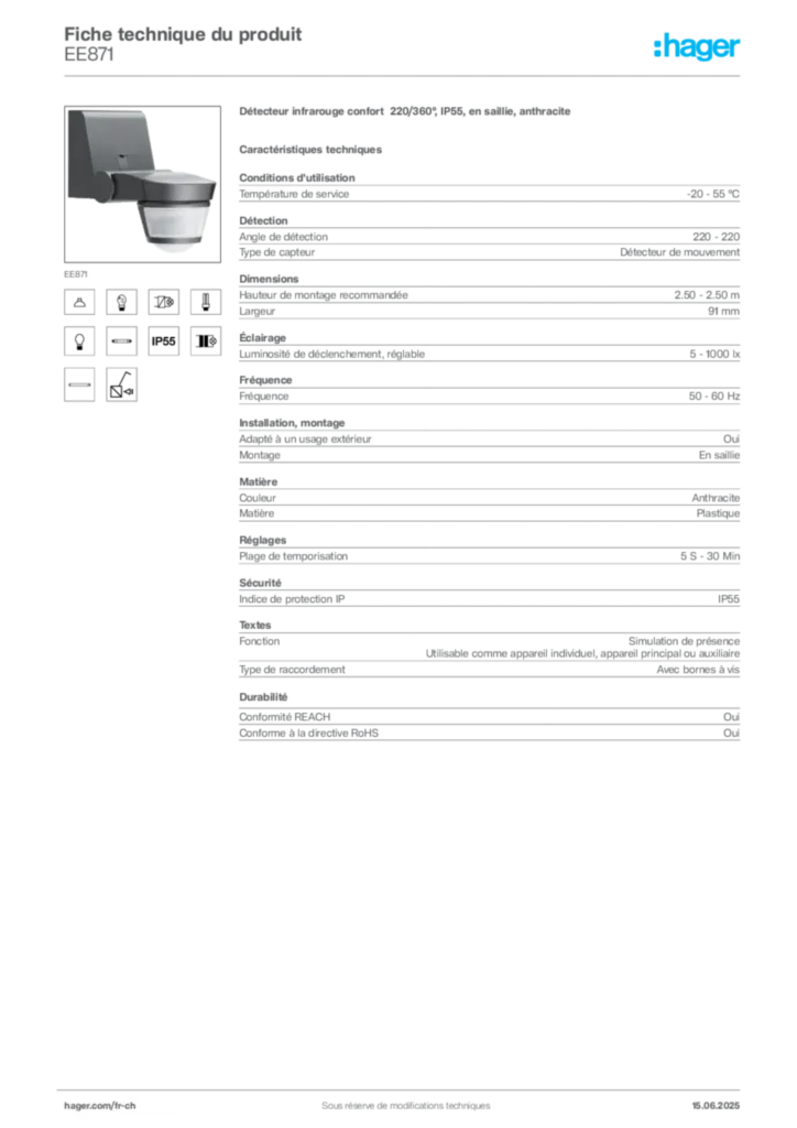 Image Hager Fiche technique du produit EE871 | Hager Suisse