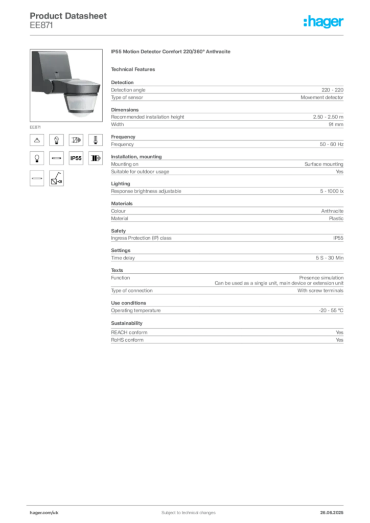 Image Hager Product data sheet EE871  | Hager