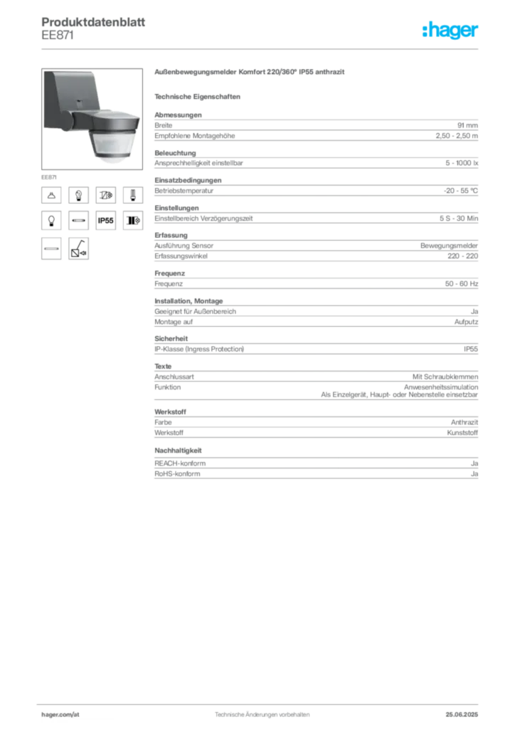 Bild Hager Produktdatenblatt EE871 | Hager Deutschland