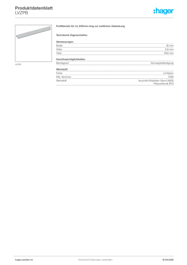 Bild Hager Produktdatenblatt LVZPB | Hager Schweiz