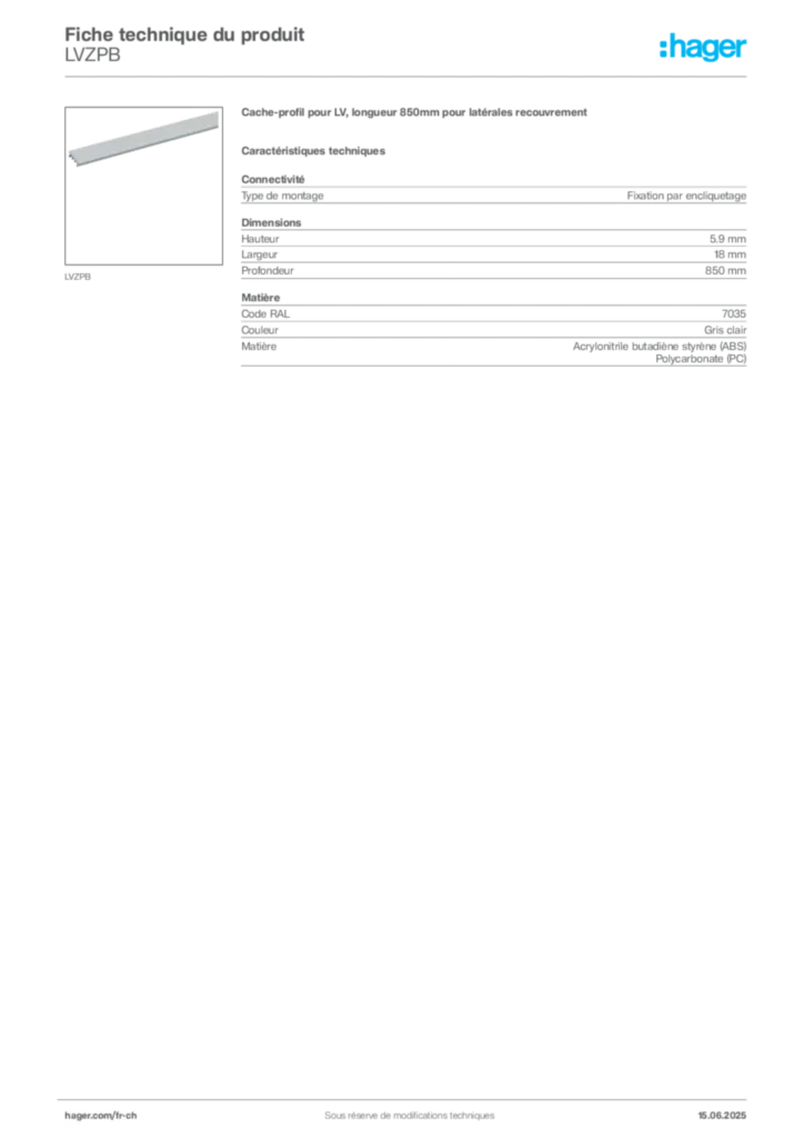 Image Hager Fiche technique du produit LVZPB | Hager Suisse
