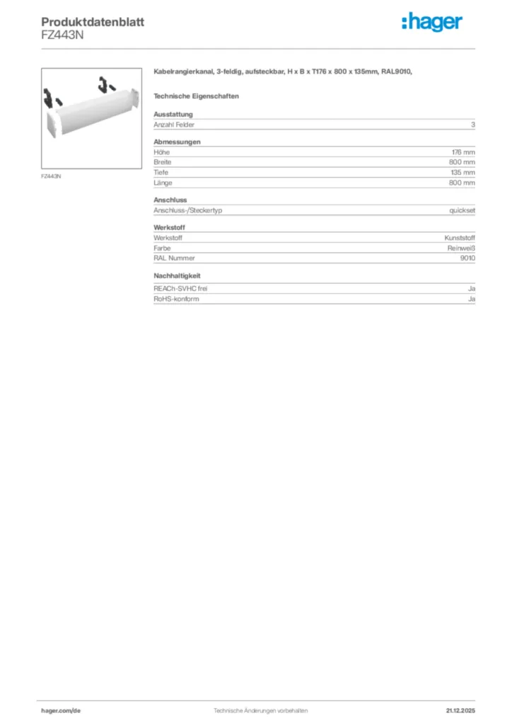 Bild Hager Produktdatenblatt FZ443N | Hager Deutschland
