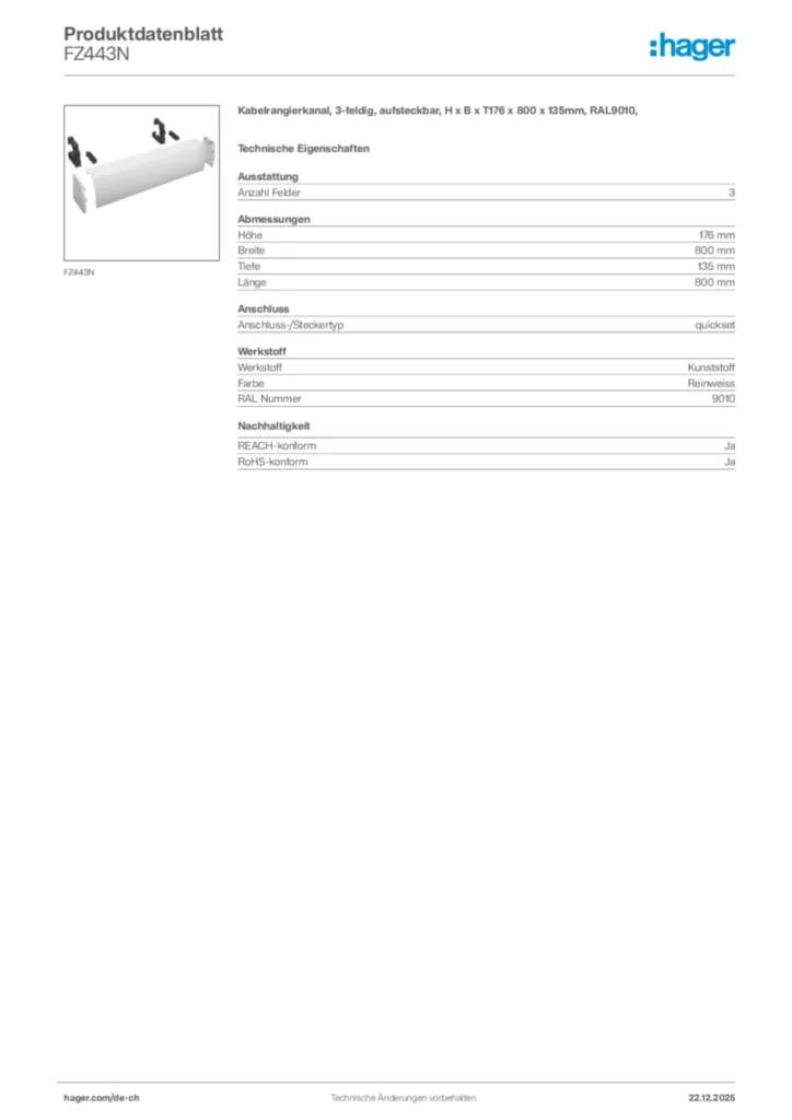 Bild Hager Produktdatenblatt FZ443N | Hager Schweiz