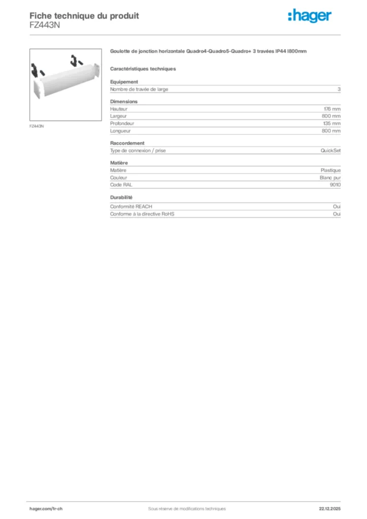 Image Hager Fiche technique du produit FZ443N | Hager Suisse